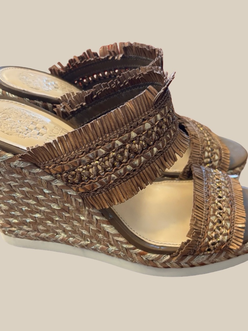 Vince Camuto Brittnuh Espadrille Wedge Sandal Metallic Gold Weave Boho Resort 8M